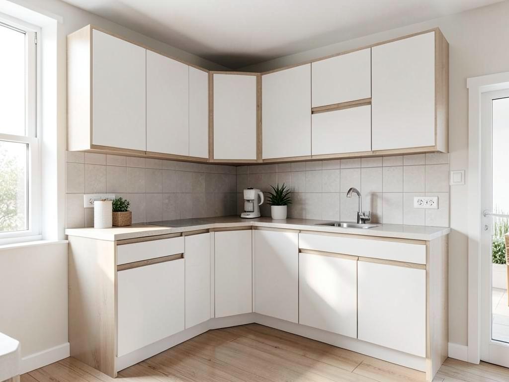 Kitchen cabinet susun atur L-shape berwarna putih dengan aksen kayu