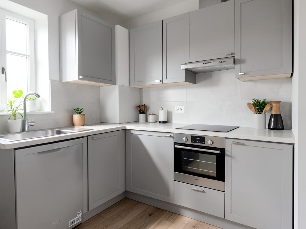 Dapur linear kompak dengan kabinet kelabu muda dan oven terbina dalam