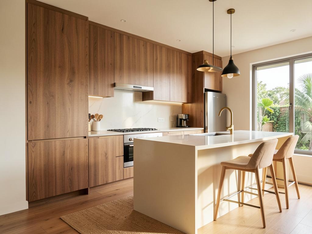 Dapur konsep warm wood dengan kabinet tinggi kayu oak dan island krim