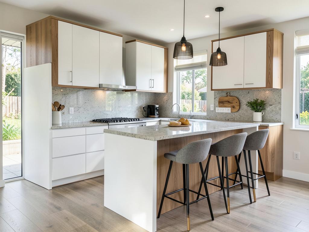 Dapur dengan peninsula dan kerusi bar di rumah landed