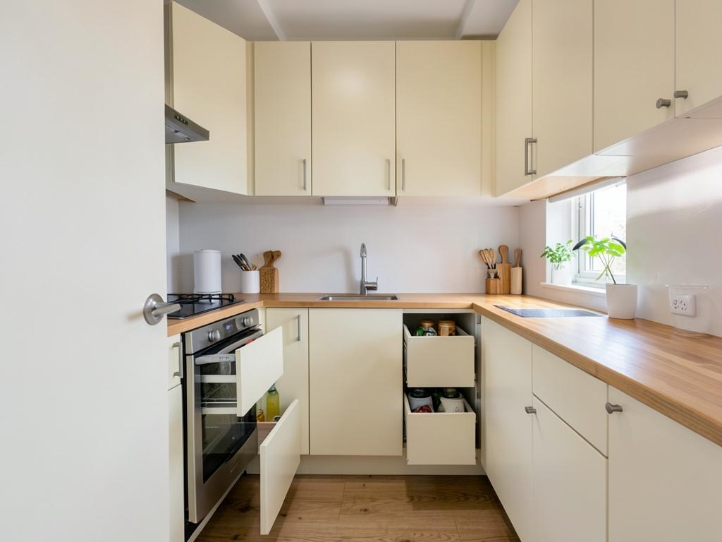 Dapur kecil dengan laci tarik keluar dan countertop kayu